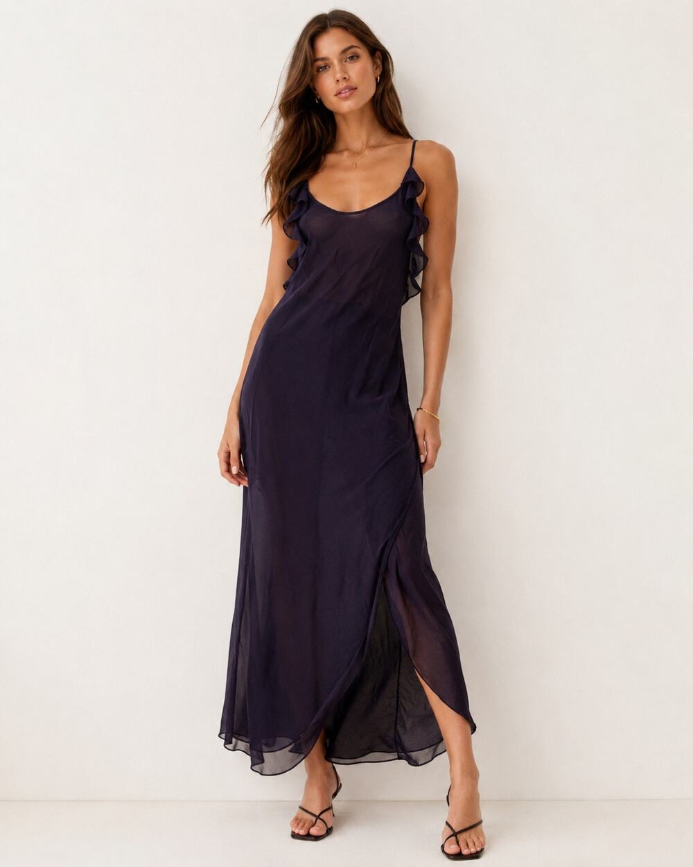 Vintage California Dynasty Purple Ruffled Midi Slip Dress Womens S/M 90s Sheer